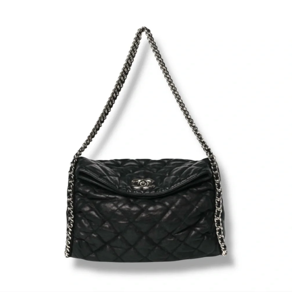 💞CHANEL BLACK Quilted Distressed / Washed Lambskin Double Chain Tote Silver HW